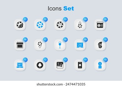 Set Online poker table game, Casino chips, sports betting, with dollar, Hand holding casino,  and Wine glass icon. Vector