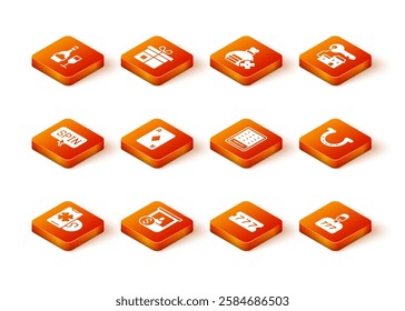Set Online poker table game, Casino chips exchange, Slot machine spin button, Playing card with diamonds, Lottery ticket, Lucky player and Horseshoe icon. Vector