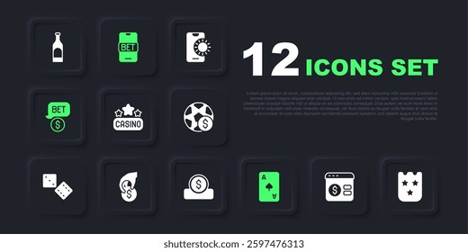 Set Online poker table game, Lottery ticket, Casino signboard, Playing card with spades symbol, chip dollar, Hand holding casino chips, sports betting and Coin money icon. Vector