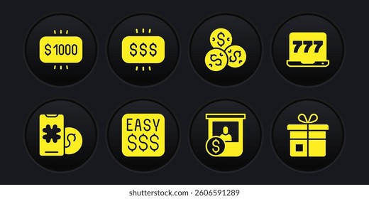 Set Online poker table game, Laptop and slot machine, Money prize casino, Casino chips exchange, with dollar, Gift box and  icon. Vector