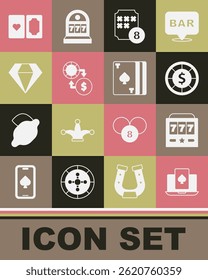 Set Online poker table game, Slot machine with jackpot, Casino chips, Lottery ball on bingo card, exchange money, Diamond, Deck of playing cards and  icon. Vector