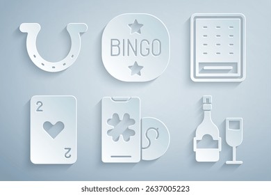 Set Online poker table game, Lottery ticket, Playing card with heart, Champagne bottle glass, Bingo and Horseshoe icon. Vector