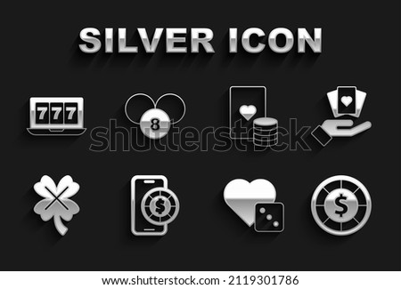 Set Online poker table game, Hand holding playing cards, Casino chips, Game dice, slot machine with clover, jackpot and Lottery ball on bingo icon. Vector