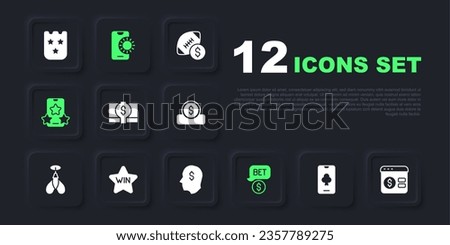 Set Online poker table game, Stacks paper money cash, Casino chip with dollar, sports betting, win,  and Lucky player icon. Vector