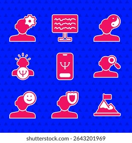 Set Online psychological counseling, Psychology, Mountains with flag on top, Finding problem psychology, Good mood, Yin Yang symbol and Solution icon. Vector