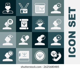 Set Online psychological counseling, Solution problem psychology, Sad and depressed man, bad mood, Psychology book, Male doctor,  and Concussion, headache icon. Vector