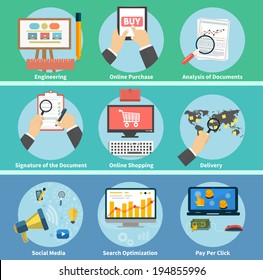 Set of online purchase, engineering, social media, seo search optimization, pay per click, analysis of documents, signature of the document, online shopping, delivery concepts items icons flat design