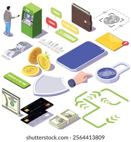 a set for online purchases, transactions, transfers on a white background