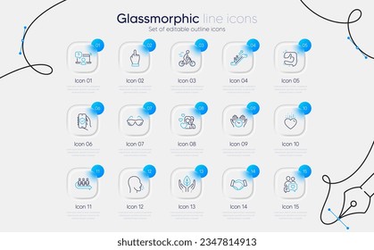 Juego de preguntas en línea, iconos de la línea Pareja y Corazón para la aplicación web. Ciclista, anteojos, iconos de charla de citas. Sacudir la mano, tos, señales de tiempo seguras. Escalador, comercio justo, aplicación de seguridad. Como. Vector