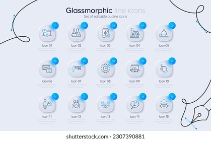 Set of Online question, Fraud and Cursor line icons for web app. Waterproof, Online storage, Like icons. Photo camera, Building, Settings gear signs. Software bug, Copyright chat. Vector