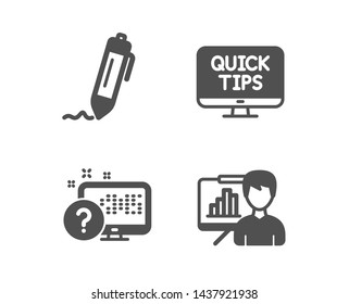Set of Online quiz, Signature and Web tutorials icons. Presentation board sign. Web support, Written pen, Quick tips. Growth chart.  Classic design online quiz icon. Flat design. Vector
