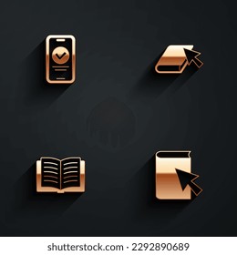 Establecer un test en línea, prueba, encuesta, libro, Abrir e icono con sombra larga. Vector