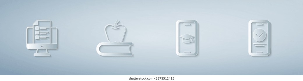 Establece un test online, prueba, encuesta, Libro con manzana, límite de graduación en el móvil y . Estilo de arte de papel. Vector
