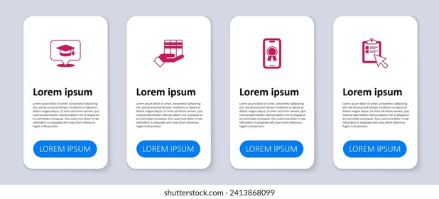 Set Online quiz, test, survey, education with diploma, Book donation and Graduation cap speech bubble. Business infographic template. Vector