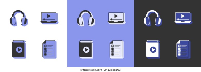 Set Online quiz, test, survey, Headphones, Audio book and play video icon. Vector