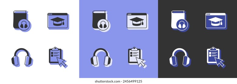 Set Online quiz, test, survey, Audio book, Headphones and education icon. Vector