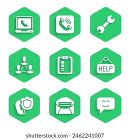 Set Online quiz, test, survey, Mail and e-mail, Smile face, Signboard with text Help, Telephone handset shield, Employee hierarchy, Wrench spanner and 24 hours support icon. Vector