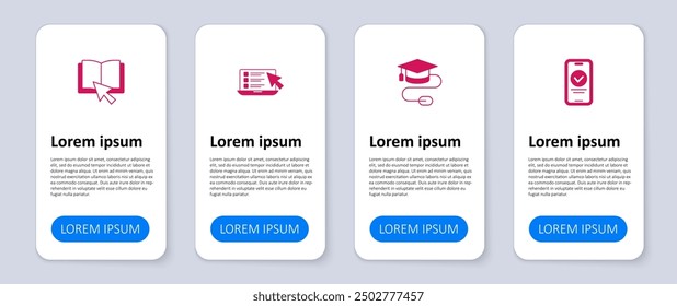 Set Online quiz, test, survey, Graduation cap with mouse,  and book. Business infographic template. Vector