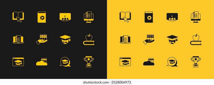 Set Online quiz, test, survey, Cloud or online library, Graduation cap globe, speech bubble, Book donation, class, book and Audio icon. Vector