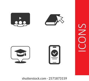Set Online quiz, test, survey, class, Graduation cap speech bubble and book icon. Vector
