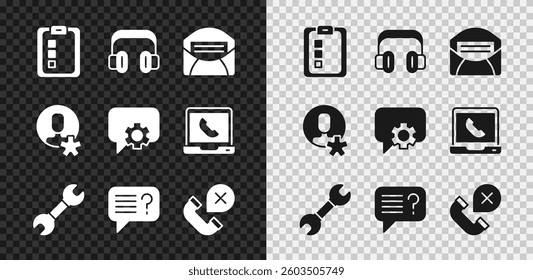 Set Online quiz, test, survey, Headphones, Mail and e-mail, Wrench spanner, Unknown search, Declined or missed call, Elected employee and Telephone 24 hours support icon. Vector