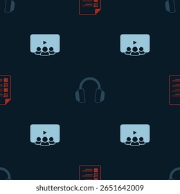 Set Online quiz, test, survey, Headphones and class on seamless pattern. Vector