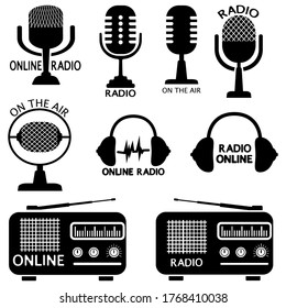 Set of online radio, headphones and microphone signs. Signs or logo templates. Radio frequency and on the air symbols. Collections of symbols for broadcasting. Isolated. Vector