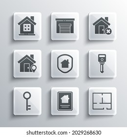 Set Online real estate house, House plan, key, under protection, Location with,  and wrong mark icon. Vector