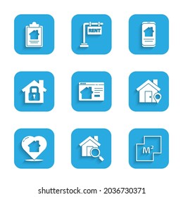 Set Online real estate house, Search, House plan, Location with, heart shape, under protection,  and contract icon. Vector