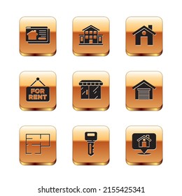 Set Online real estate house, House plan, key, Market store, Hanging sign with For Rent, Location and  icon. Vector