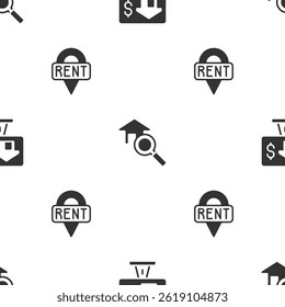 Set Online real estate, Search house and Location key on seamless pattern. Vector