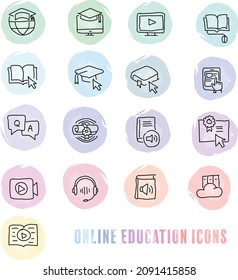 Set Of online School Icons. E-learning icons, watercolors, flat design. Vector icons
