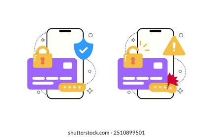 Conjunto de Ilustración vectorial de sistema de seguridad en línea, teléfono móvil con tarjeta de crédito, llave maestra, escudo, signo de advertencia y campo de Contraseña