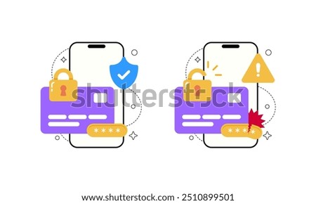 Set of Online Security System Vector Illustration, Mobile Phone with Credit Card, Master Key, Shield, Warning Sign and Password Field