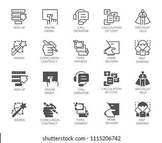 Set of online service buttons. 10 icons in linear and glyph designs. Call operator, home delivery, specialist help, signing of contract, cost calculation and other labels. Vector illustration isolated