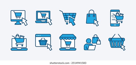 Set von Online-Shop-Business-Symbol. Enthaltend Einkaufen, bestellen, kaufen, kaufen, kaufen, verkaufen, verkaufen, speichern, Markt für E-Commerce. Klicken Sie auf Tasche oder Warenkorb auf dem mobilen Gerät. Vektorgrafik