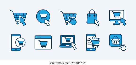 Set of online shop icon vector. Containing click bag and shopping cart button, basket, trolley, e-commerce, e-business, delivery, marketplace, order, buy, bought, add to cart, store, mobile