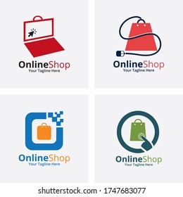 Plantilla de diseños de logotipos para tiendas en línea. Ilustración vectorial gráfico del logo del carro de la compra y del logotipo de las bolsas de la compra. Perfecto para Ecommerce, venta, descuento o elemento web de tienda. Emblema de la empresa.