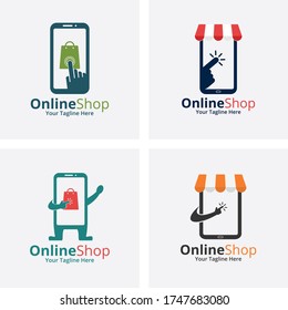 Plantilla de diseños de logotipos para tiendas en línea. Ilustración vectorial gráfico del logo del carro de la compra y del logotipo de las bolsas de la compra. Perfecto para Ecommerce, venta, descuento o elemento web de tienda. Emblema de la empresa.