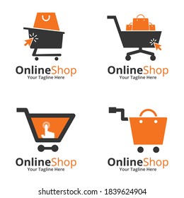 Plantilla de diseños de logotipos para tiendas en línea. Ilustración vectorial gráfico del concepto de diseño del logotipo combinado de carrito de la compra y bolsa de la tienda. Perfecto para Ecommerce, venta, descuento o elemento web de tienda.