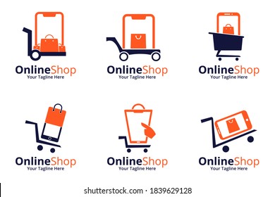 Set of Online Shop Logo designs Template. Illustration vector graphic of shopping cart  and smartphone combination logo design concept. Perfect for Ecommerce, sale, discount or store web element.