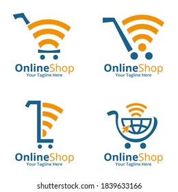 Plantilla de diseños de logotipos para tiendas en línea. Ilustración vectorial gráfico del concepto de diseño de carros de compra y logotipo combinado wifi. Perfecto para Ecommerce, venta, descuento o elemento web de tienda.