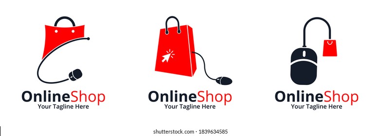 Set of Online Shop Logo designs Template. Illustration vector graphic of  shop bag and mouse icon  combination logo design concept. Perfect for Ecommerce, sale, store web element.