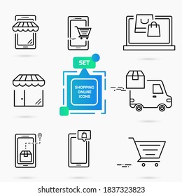 Set of online shopping black linear vector icons, pixel perfect symbols for UI and business, internet commerce, shop and store. Buy from your smartphone. Eps 10 vector
