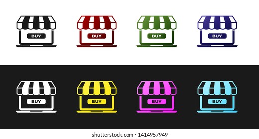 Set Online shopping concept. Buy on screen laptop icon isolated on black and white background. Concept e-commerce, e-business, online business marketing. Vector Illustration