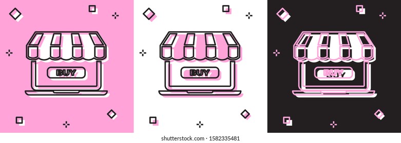 Set Online shopping concept. Buy on screen laptop icon isolated on pink and white, black background. Concept e-commerce, online business marketing.  Vector Illustration