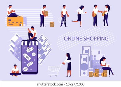 Set of online shopping concept. People with baskets go to shop, make a deal, use a web tablet and smartphone, pay by credit and cash isolated. Flat Art Vector Illustration