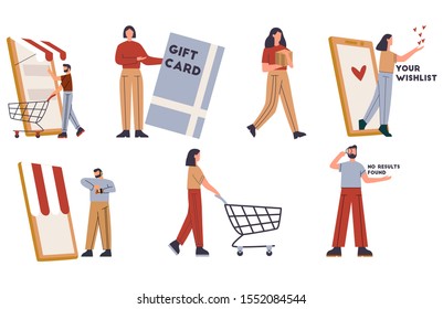 Set of online shopping concepts. Man choosing items, waiting for opening, woman with gift card, box, cart, wishlist, no results found error. Flat vector illustration