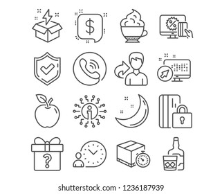 Set of Online shopping, Creative idea and Payment message icons. Time management, Delivery timer and Secret gift signs. Blocked card, Cappuccino cream and Whiskey glass symbols. Vector