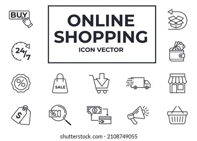 Conjunto de icono de compra y entrega en línea. Plantilla de símbolo de paquete de comercio electrónico para la colección de diseños gráficos y web ilustración vectorial